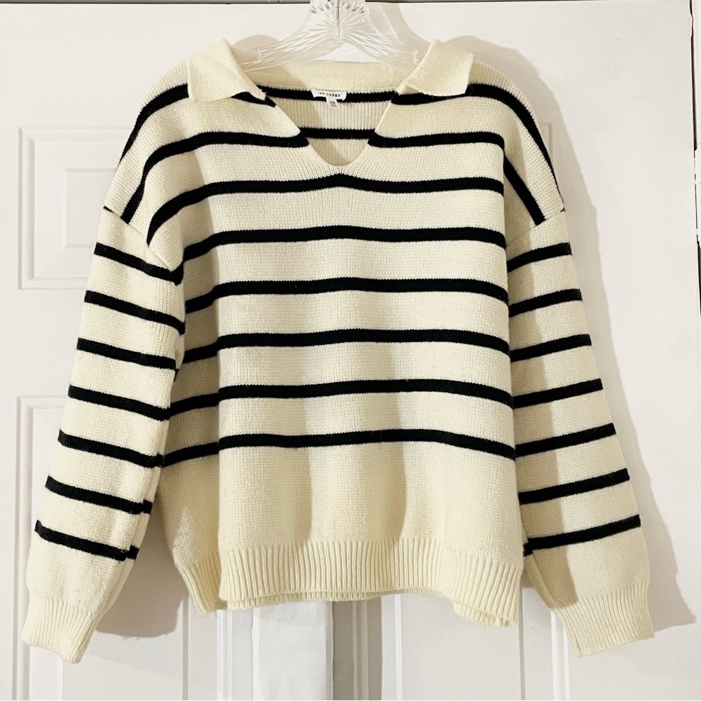 Cream and Black Striped Collared Sweater